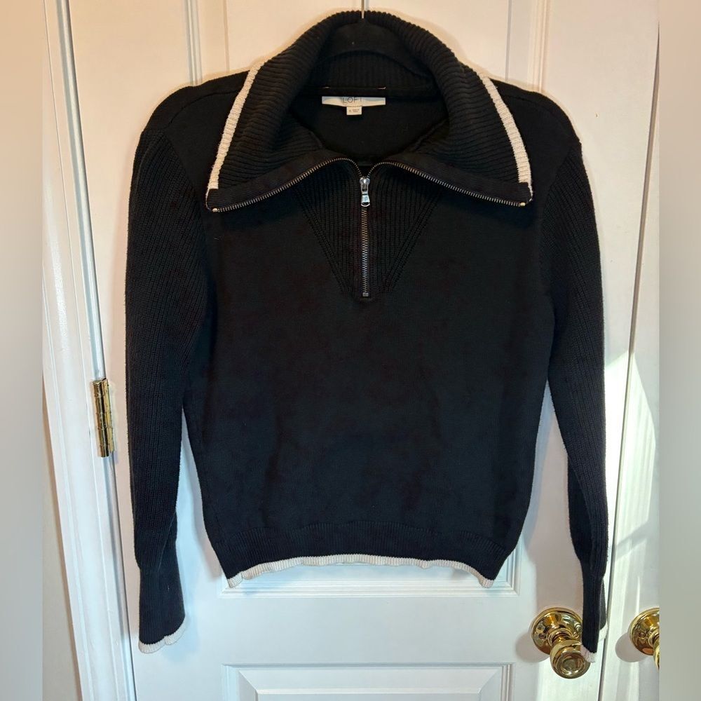 LOFT Zip Neck Sweater M Black Ribbed Trim Cozy Knit Pullover